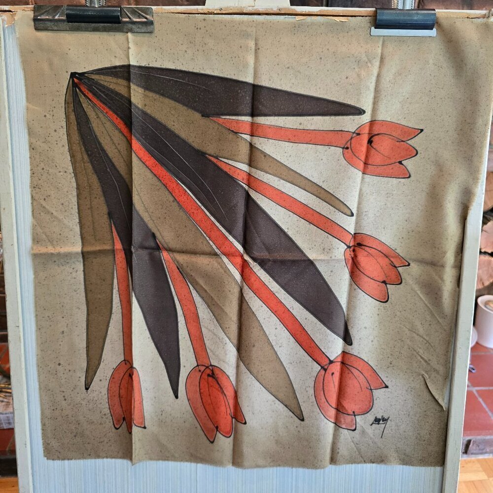 Vintage Silk Scarf with Earthenware Background & Orange Tulips